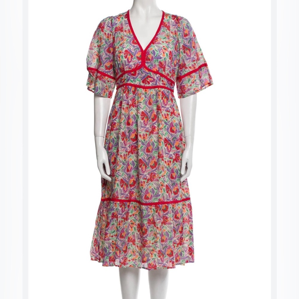 ba&sh Aquila Floral Midi Dress, Red and Cream, Size L